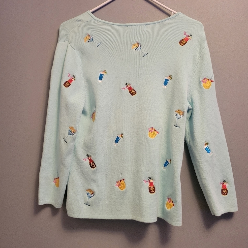 Vintage 90s Cocktail Embroidered Sweater Blue Cotton Novelty Bar Knit Martini LP - Picture 3 of 6